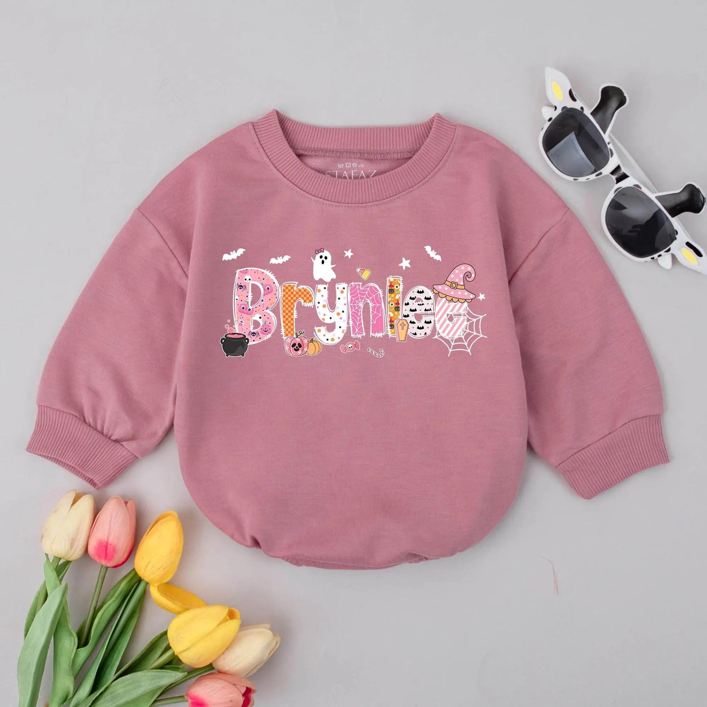 Bryniee Halloween Baby Romper Custom Name Cute Ghost Bats Candy Corn Fall Spooky Season Outfit Personalized First Halloween Gift