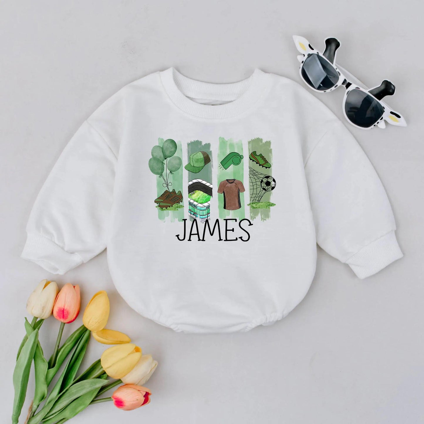 Personalized Soccer Boy Bubble Romper with Playful Green Striped Sports Graphics for Baby Bodysuit Game Day Outfit Shower Gift