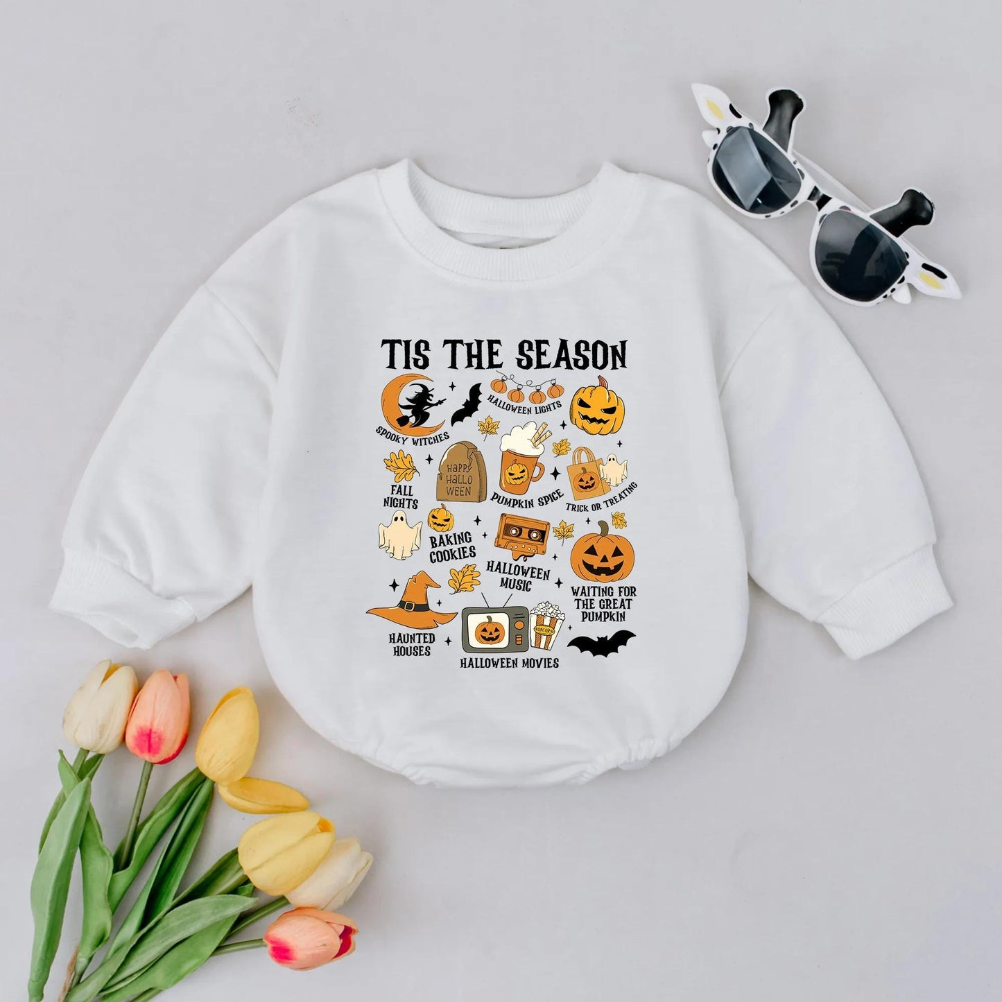 Retro Halloween Baby Romper | Spooky Season Bodysuit for Fall Baby Shower Gift | Pumpkin Spice Witch, Ghosts, Bat, & Candy Corn Design Baby Girl Outfit
