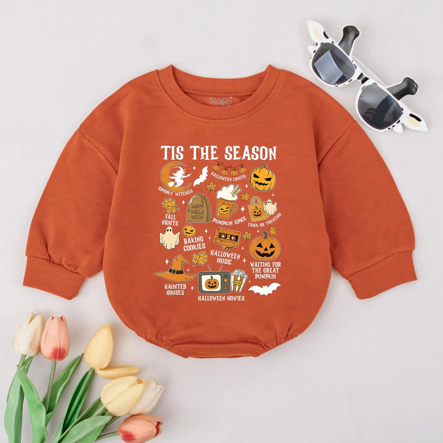 Retro Halloween Baby Romper | Spooky Season Bodysuit for Fall Baby Shower Gift | Pumpkin Spice Witch, Ghosts, Bat, & Candy Corn Design Baby Girl Outfit
