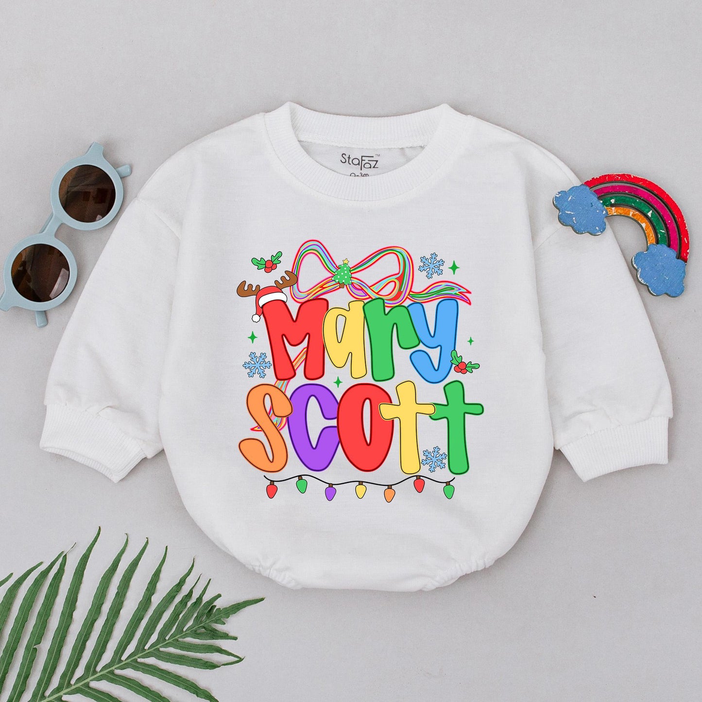 Baby's First Christmas Romper Rainbow Name Personalized Festive Snowflakes Lights Reindeer Antler Hat Outfit