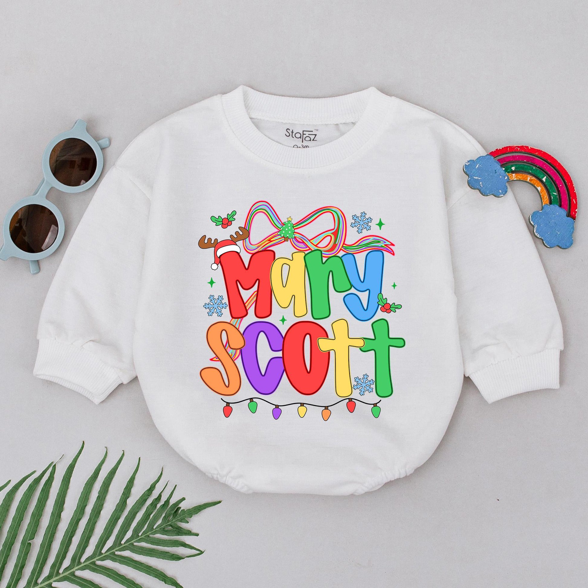 Baby's First Christmas Romper Rainbow Name Personalized Festive Snowflakes Lights Reindeer Antler Hat Outfit