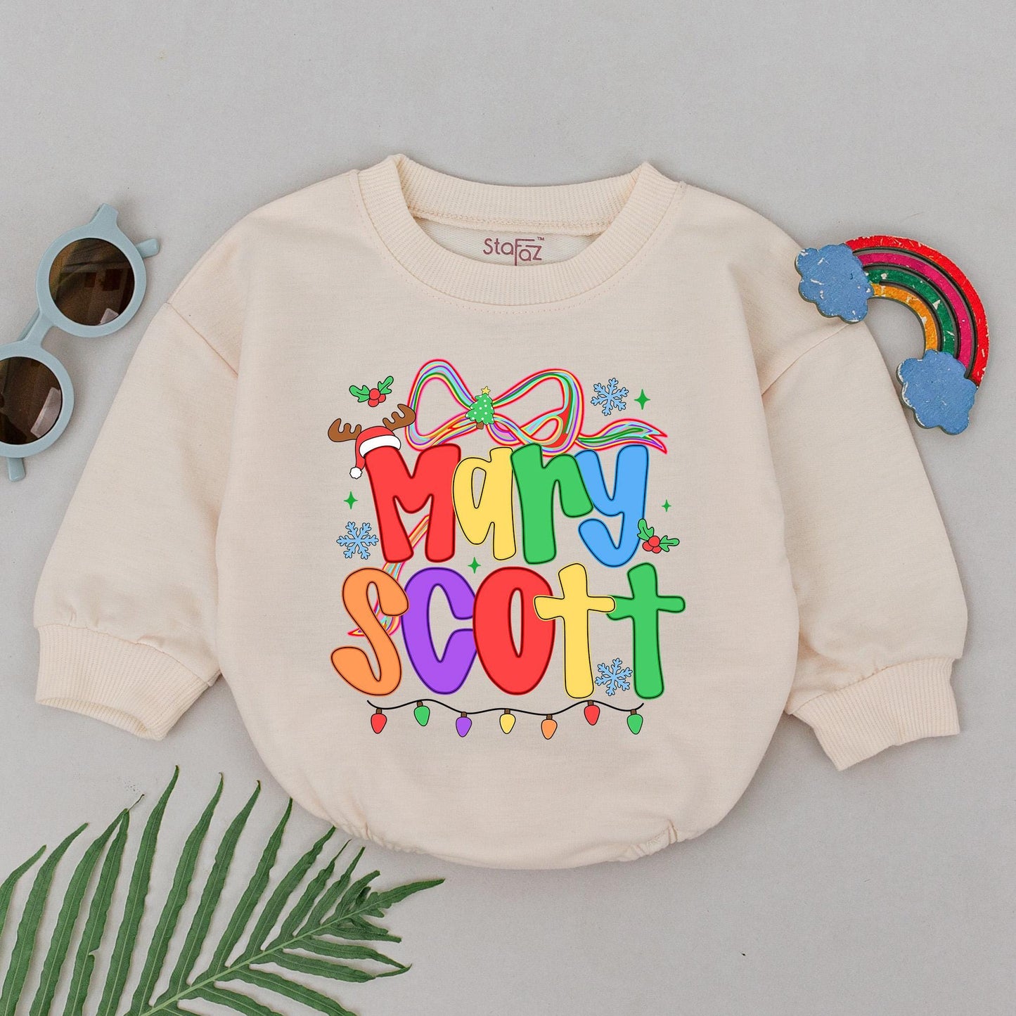 Baby's First Christmas Romper Rainbow Name Personalized Festive Snowflakes Lights Reindeer Antler Hat Outfit
