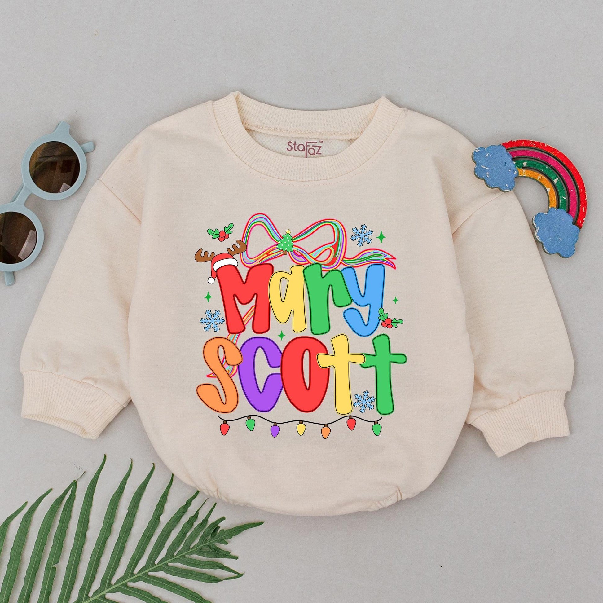 Baby's First Christmas Romper Rainbow Name Personalized Festive Snowflakes Lights Reindeer Antler Hat Outfit