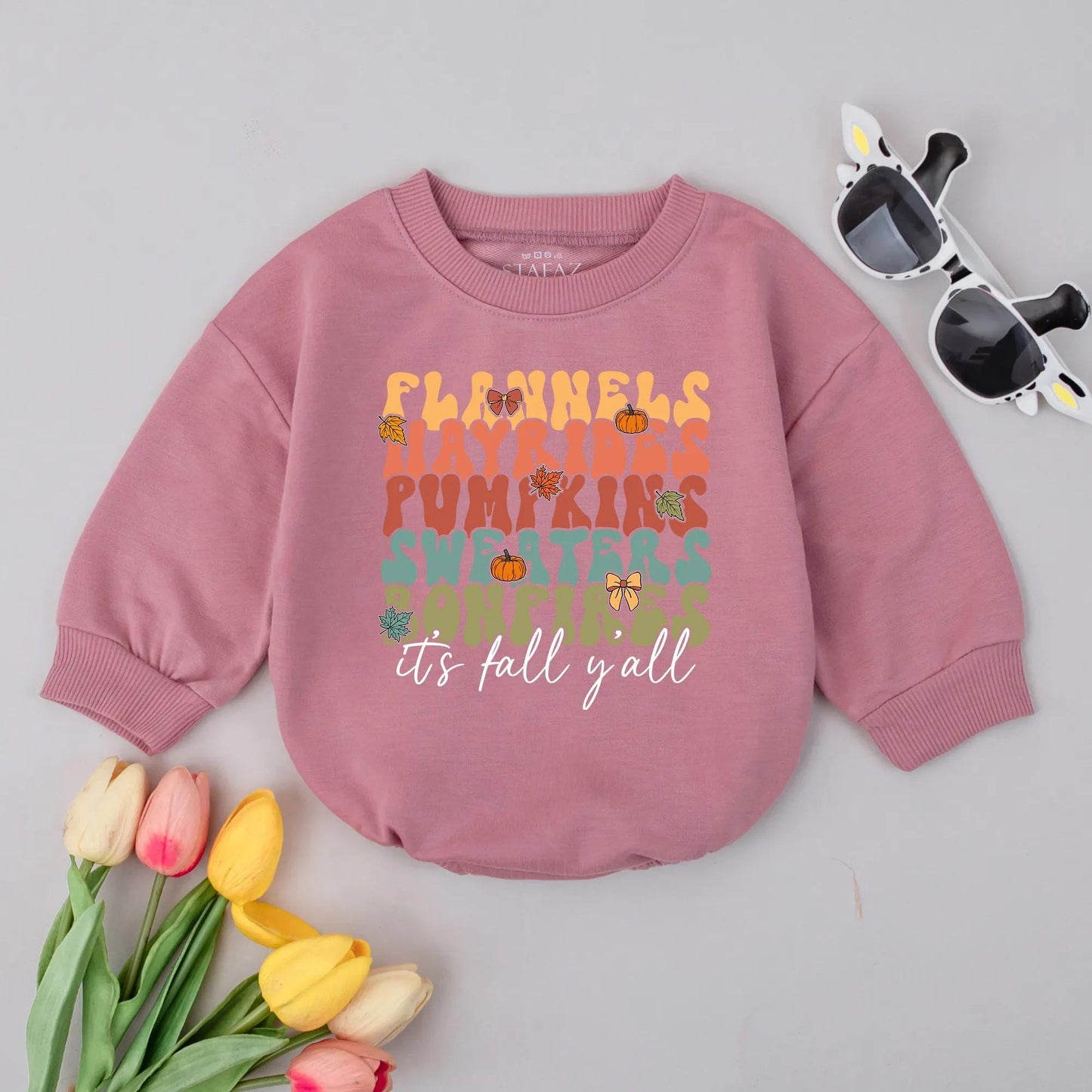 Fall Baby Romper: Flannels, Hayrides, Pumpkins & Bonfires Bodysuit, Retro Thanksgiving Outfit, It's Fall Y'all, Cozy Infant Clothes, Baby Shower Gift 137