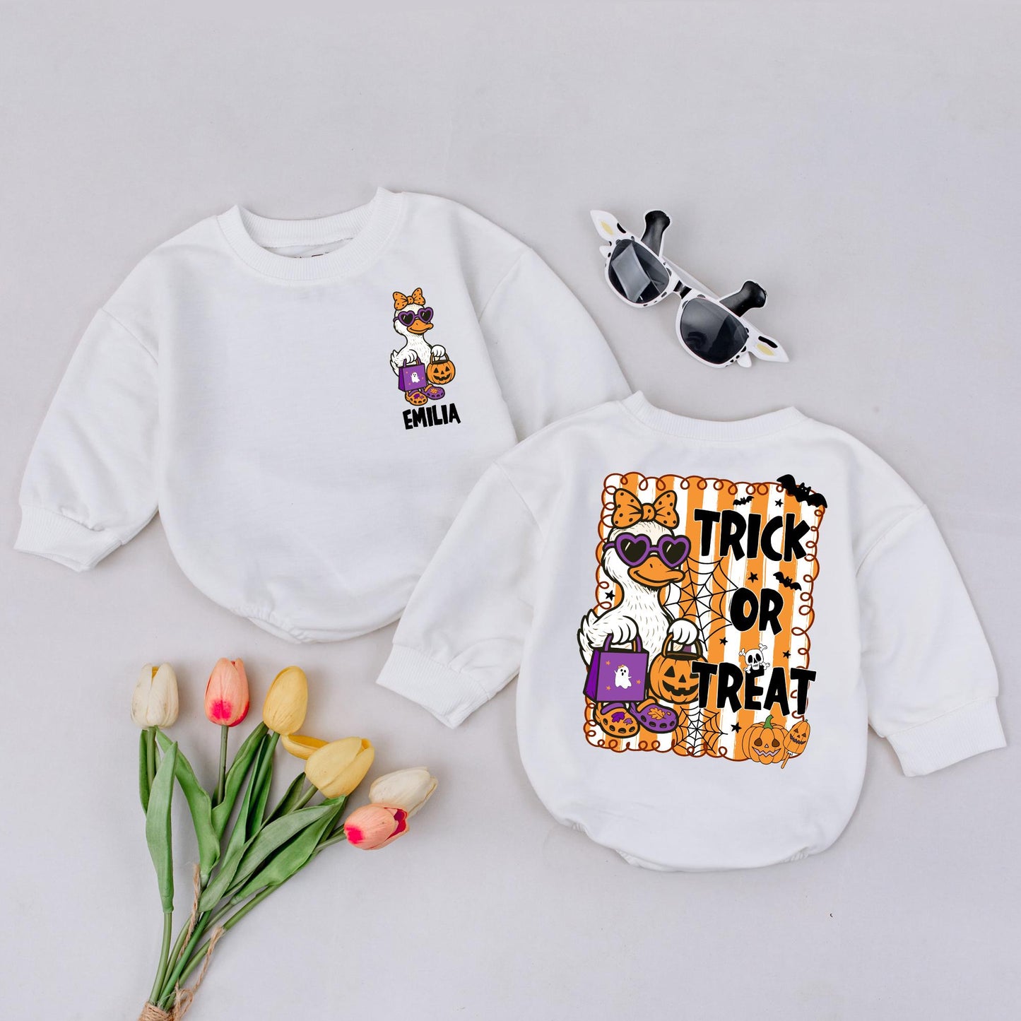 Halloween Baby Bodysuit with Goose in Sunglasses & Trick or Treat Design | Spooky Fall Outfit for Baby Girl or Boy | Baby Shower Gift