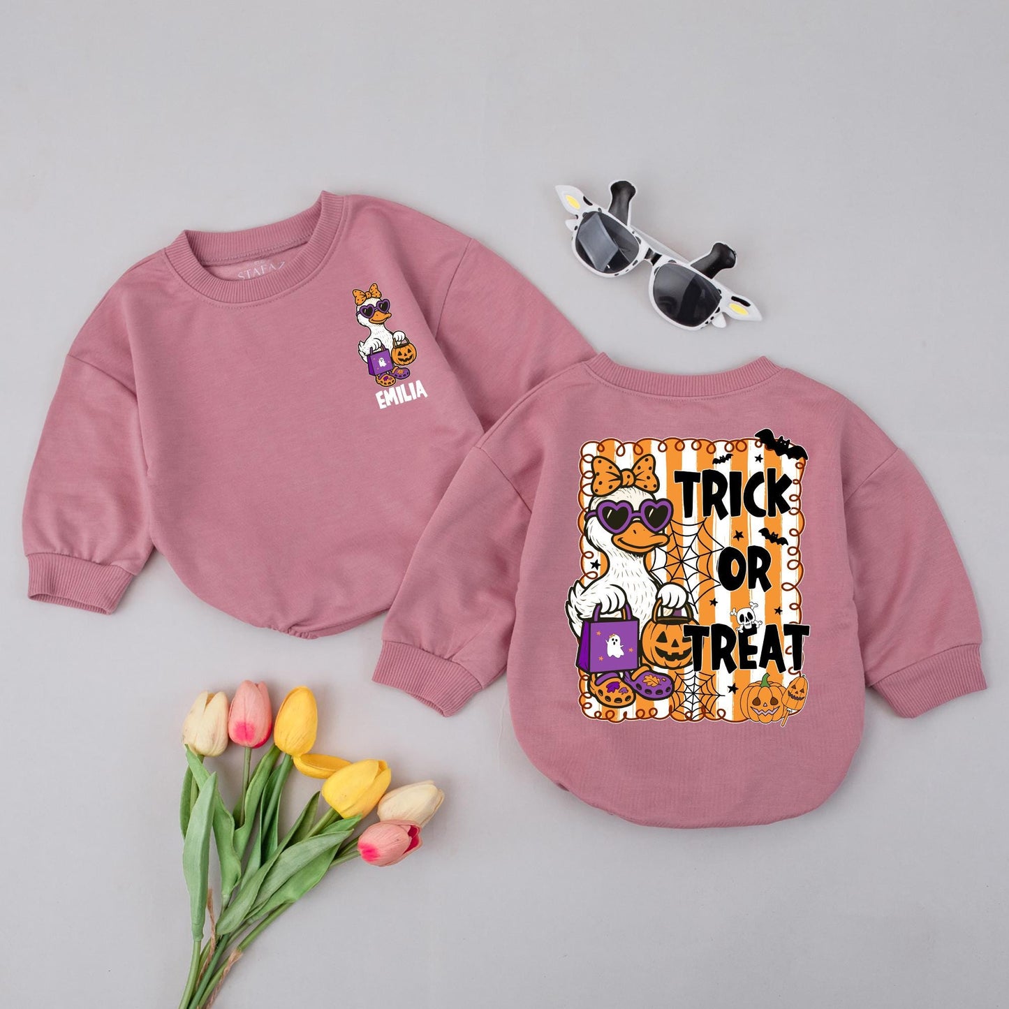 Halloween Baby Bodysuit with Goose in Sunglasses & Trick or Treat Design | Spooky Fall Outfit for Baby Girl or Boy | Baby Shower Gift