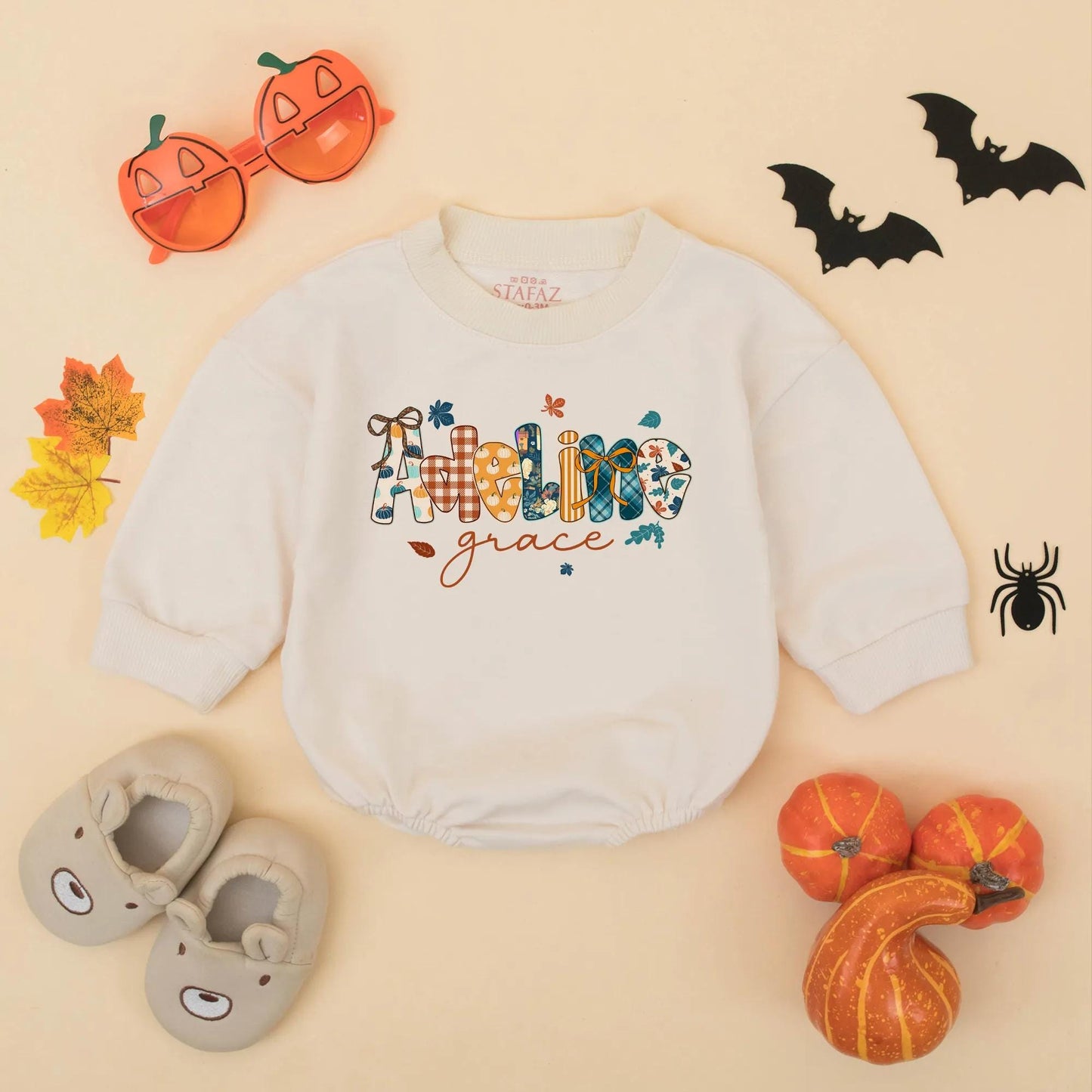 Adeline Grace Personalized Fall Baby Girl Romper Custom Pumpkin Autumn Toddler Bodysuit Thanksgiving Gift Idea