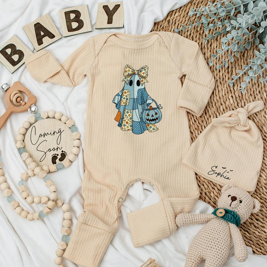 Vintage Patchwork Ghost Baby Girl Bodysuit Cute Bow Ghost Halloween Outfit Blue Floral Pumpkin Newborn Romper Cozy Spooky Shower Gift
