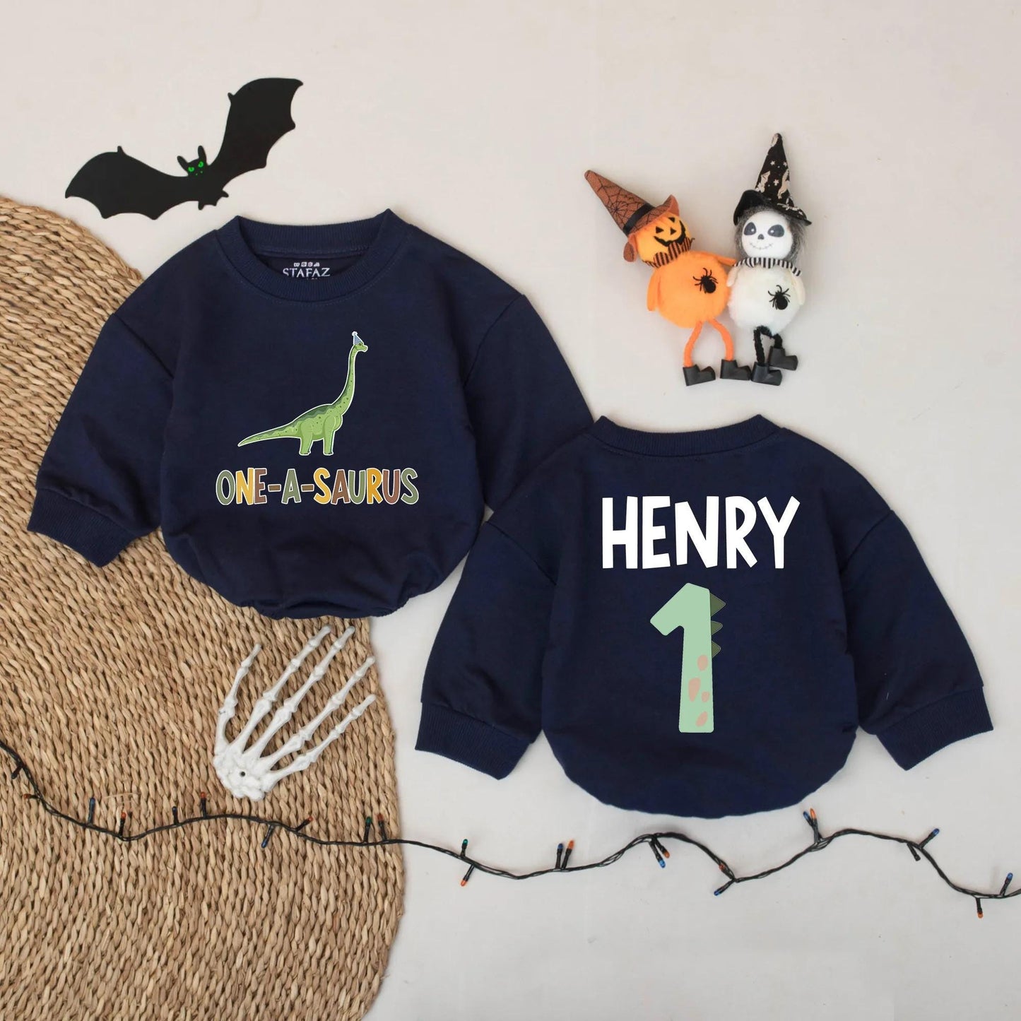 Personalized Baby Boy First Birthday Dinosaur Romper One-A-Saurus Outfit with Custom Name Party Hat Fun Celebration Bubble Bodysuit Gift