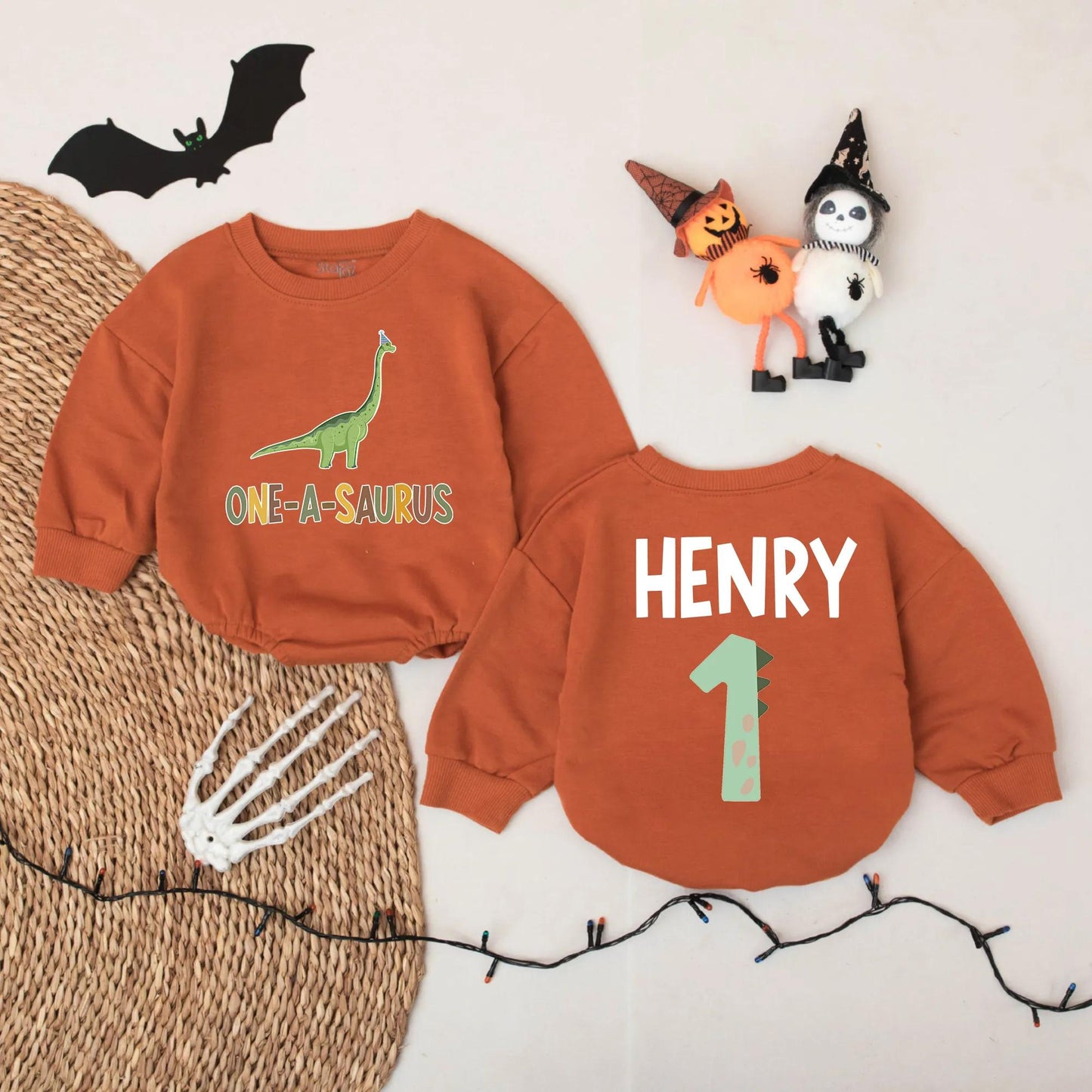 Personalized Baby Boy First Birthday Dinosaur Romper One-A-Saurus Outfit with Custom Name Party Hat Fun Celebration Bubble Bodysuit Gift
