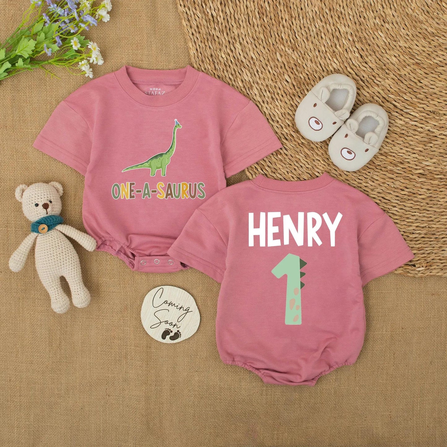 Personalized Baby Boy First Birthday Dinosaur Romper One-A-Saurus Outfit with Custom Name Party Hat Fun Celebration Bubble Bodysuit Gift