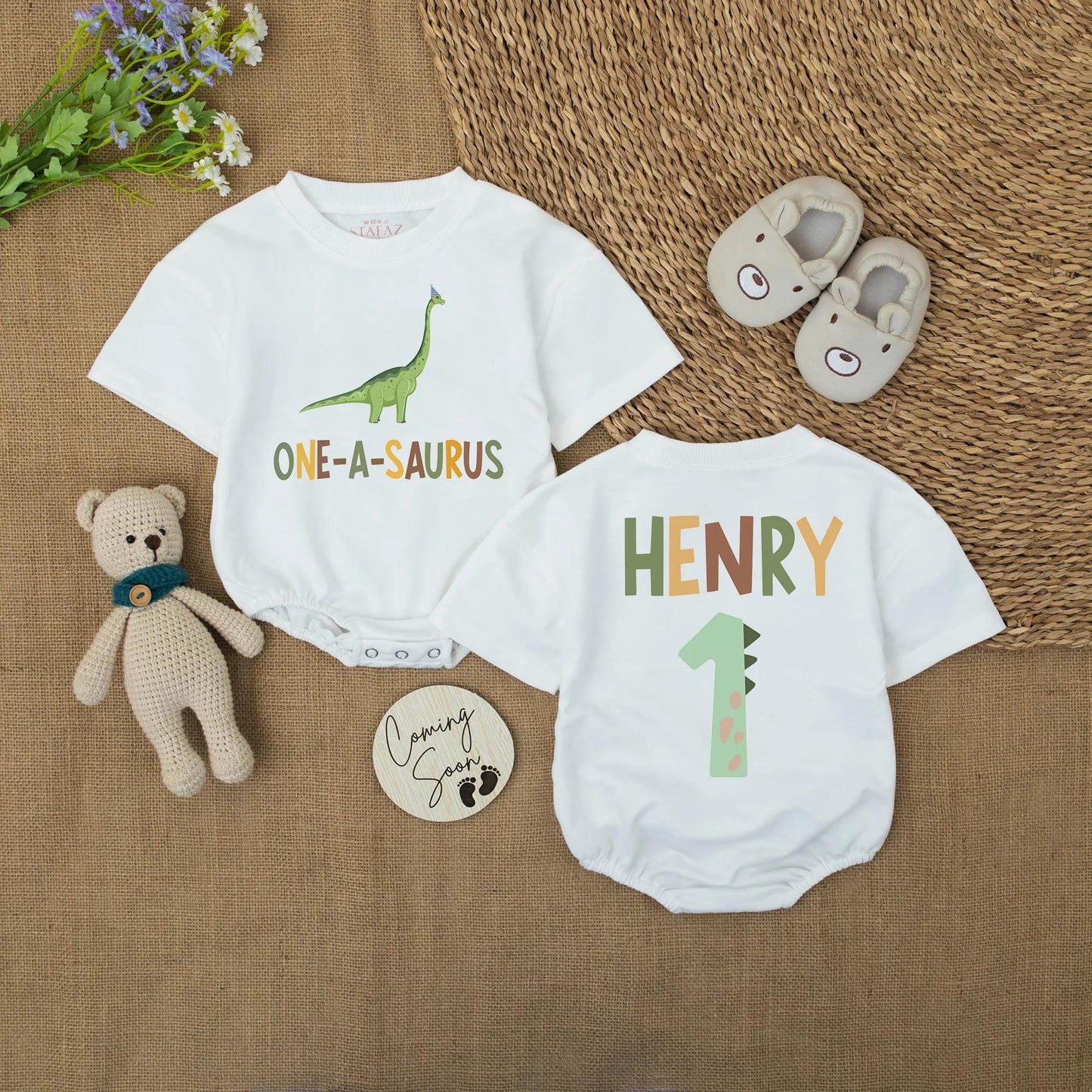 Personalized Baby Boy First Birthday Dinosaur Romper One-A-Saurus Outfit with Custom Name Party Hat Fun Celebration Bubble Bodysuit Gift