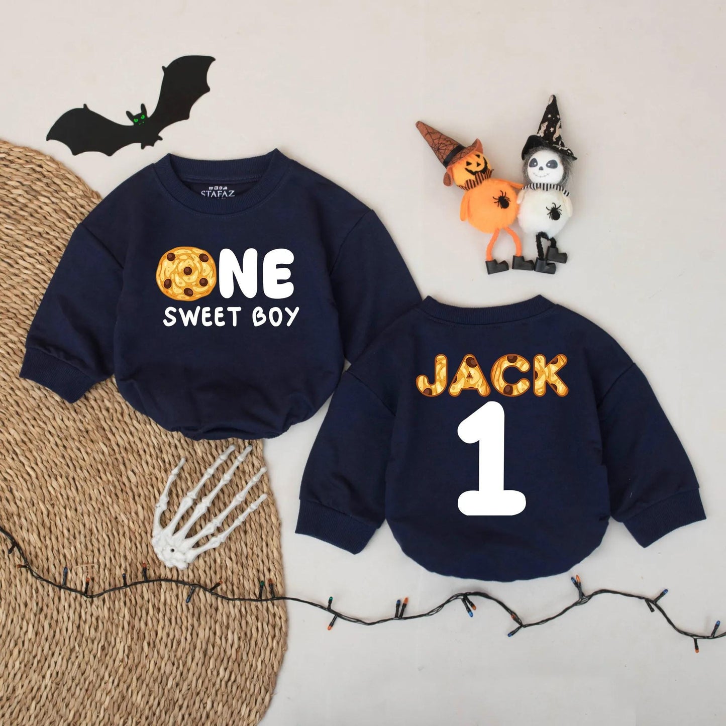 Cute Cookie "ONE SWEET BOY" Romper for Baby Boy First Birthday Outfit with "JACK" Name and Blue '1' Back