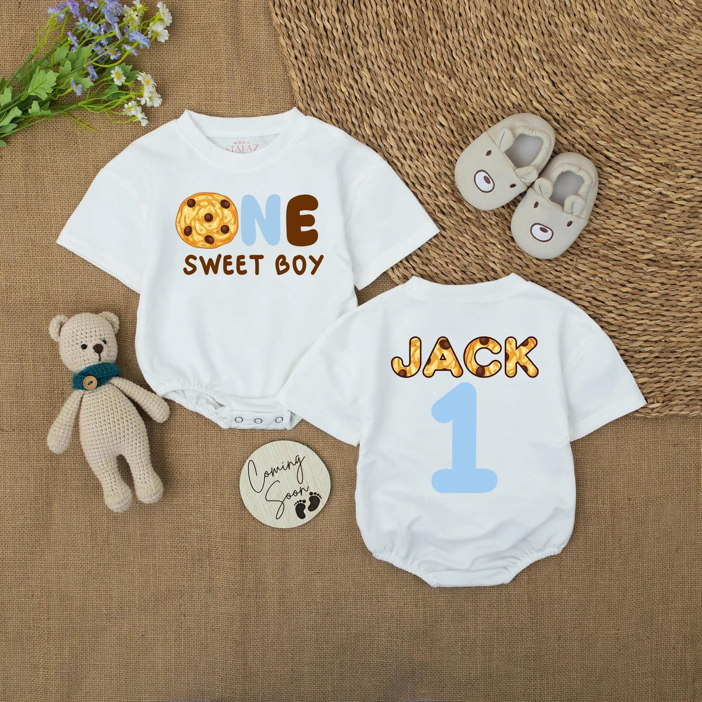 Cute Cookie "ONE SWEET BOY" Romper for Baby Boy First Birthday Outfit with "JACK" Name and Blue '1' Back