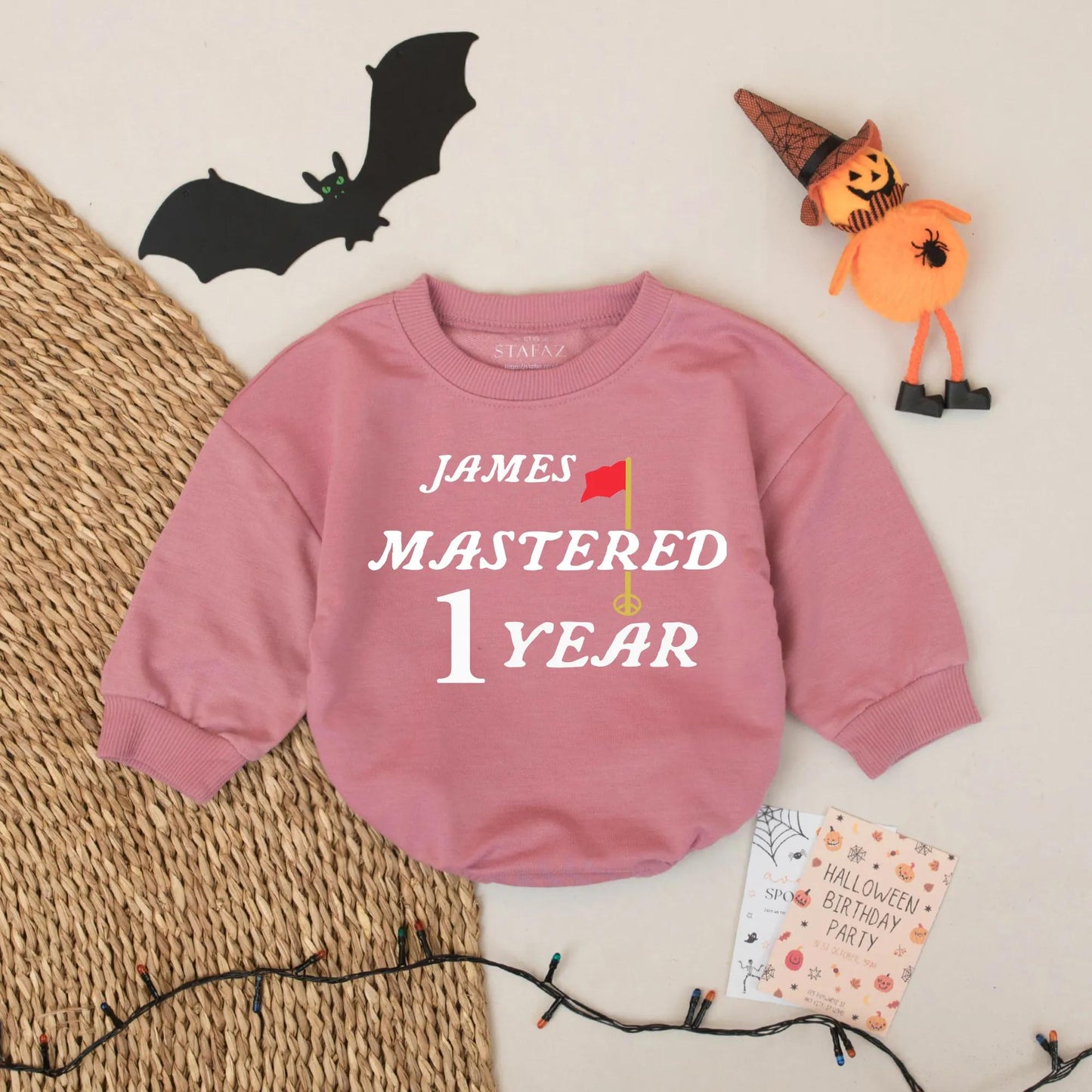 Golf Boy First Birthday Romper with "James Mastered 1 Year" Text Green Font Red Flag and Golf Tee Design Baby Boy Bodysuit Cute Celebration Outfit