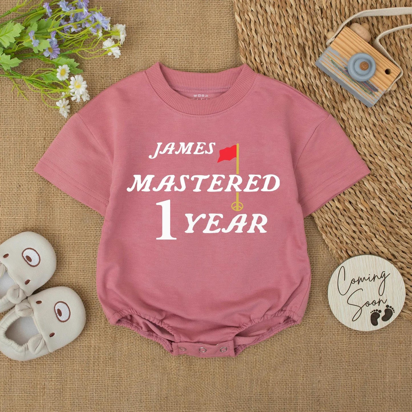 Golf Boy First Birthday Romper with "James Mastered 1 Year" Text Green Font Red Flag and Golf Tee Design Baby Boy Bodysuit Cute Celebration Outfit
