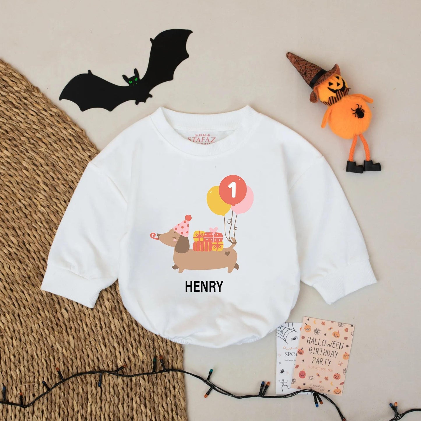 Henry's 1st Birthday Boy Romper Cute Dachshund Balloons Party Hat Baby Boy Outfit