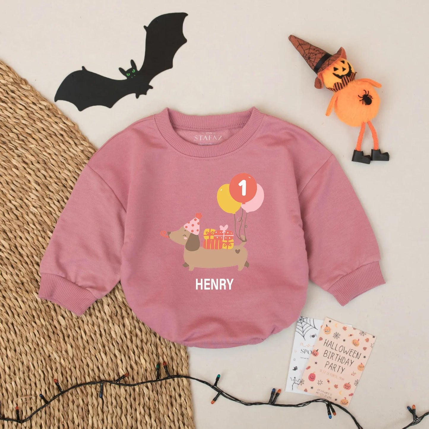 Henry's 1st Birthday Boy Romper Cute Dachshund Balloons Party Hat Baby Boy Outfit