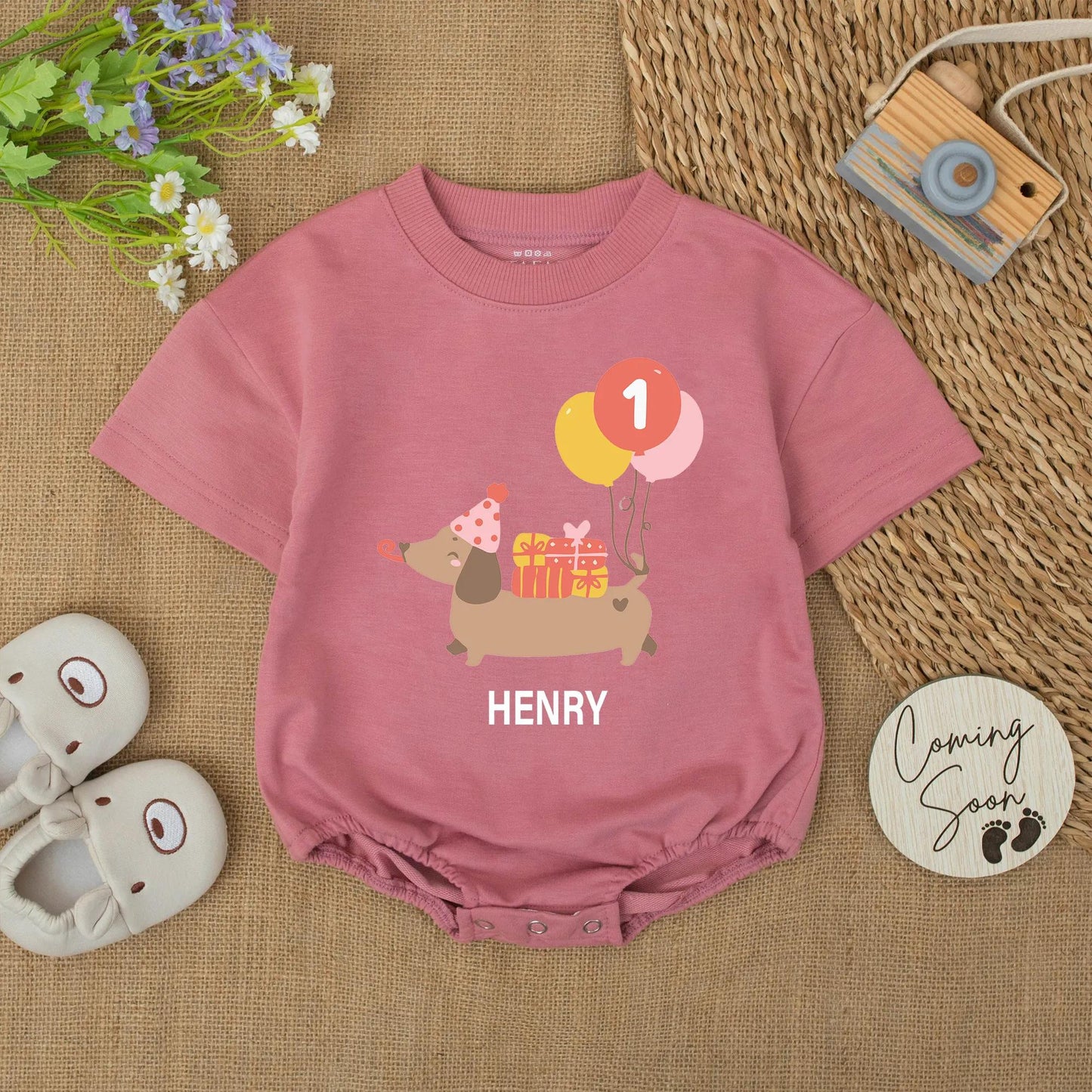 Henry's 1st Birthday Boy Romper Cute Dachshund Balloons Party Hat Baby Boy Outfit