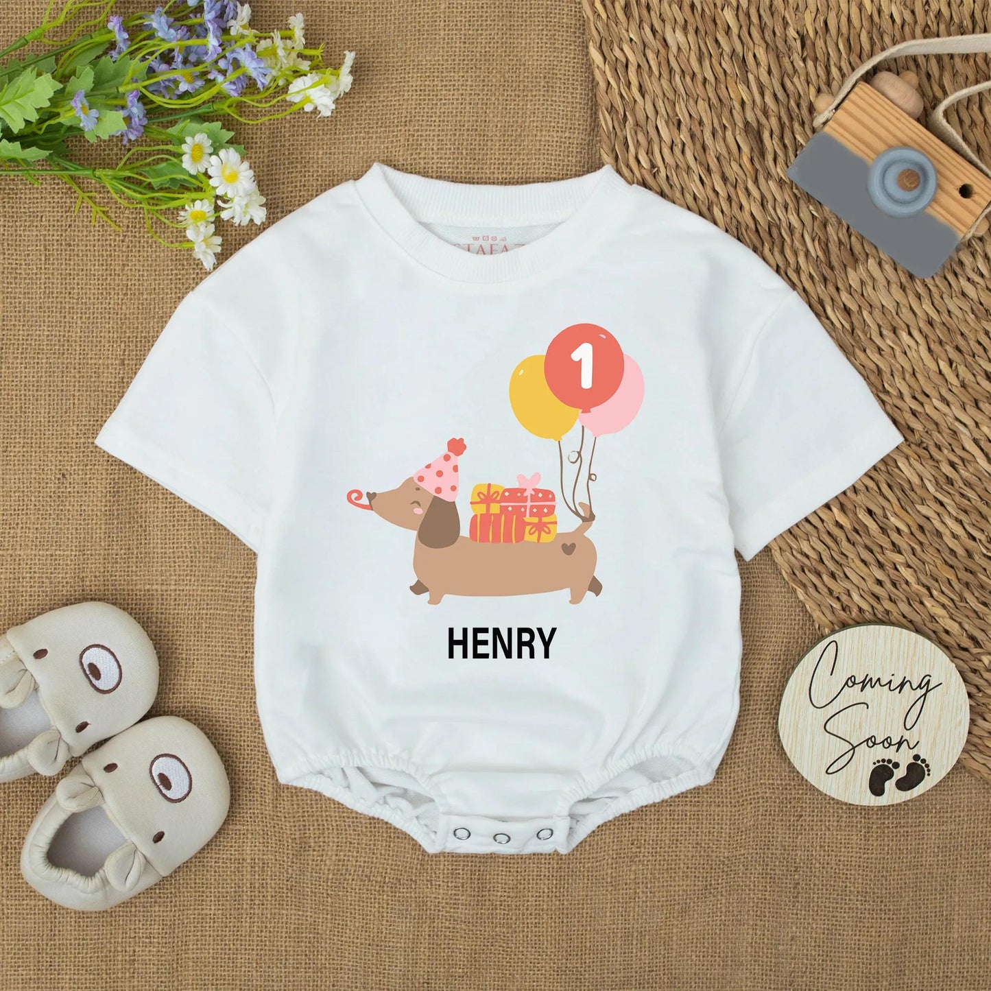Henry's 1st Birthday Boy Romper Cute Dachshund Balloons Party Hat Baby Boy Outfit
