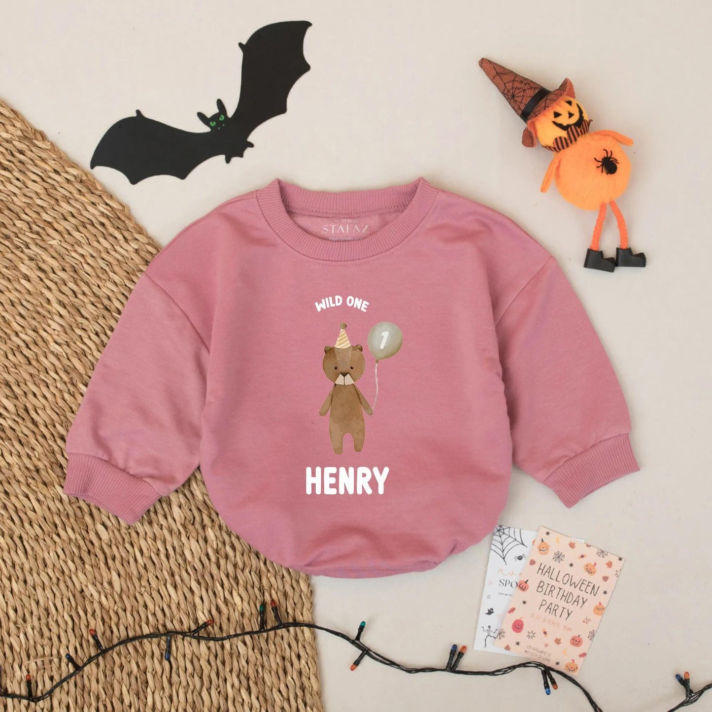 Wild One Bear Balloon First Birthday Romper for Baby Boy Henry Short Sleeve Bubble Outfit Natural Brown and Dark Text