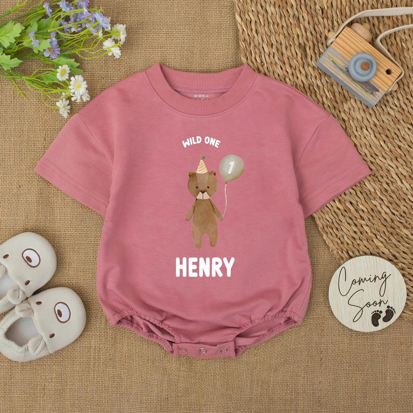 Wild One Bear Balloon First Birthday Romper for Baby Boy Henry Short Sleeve Bubble Outfit Natural Brown and Dark Text