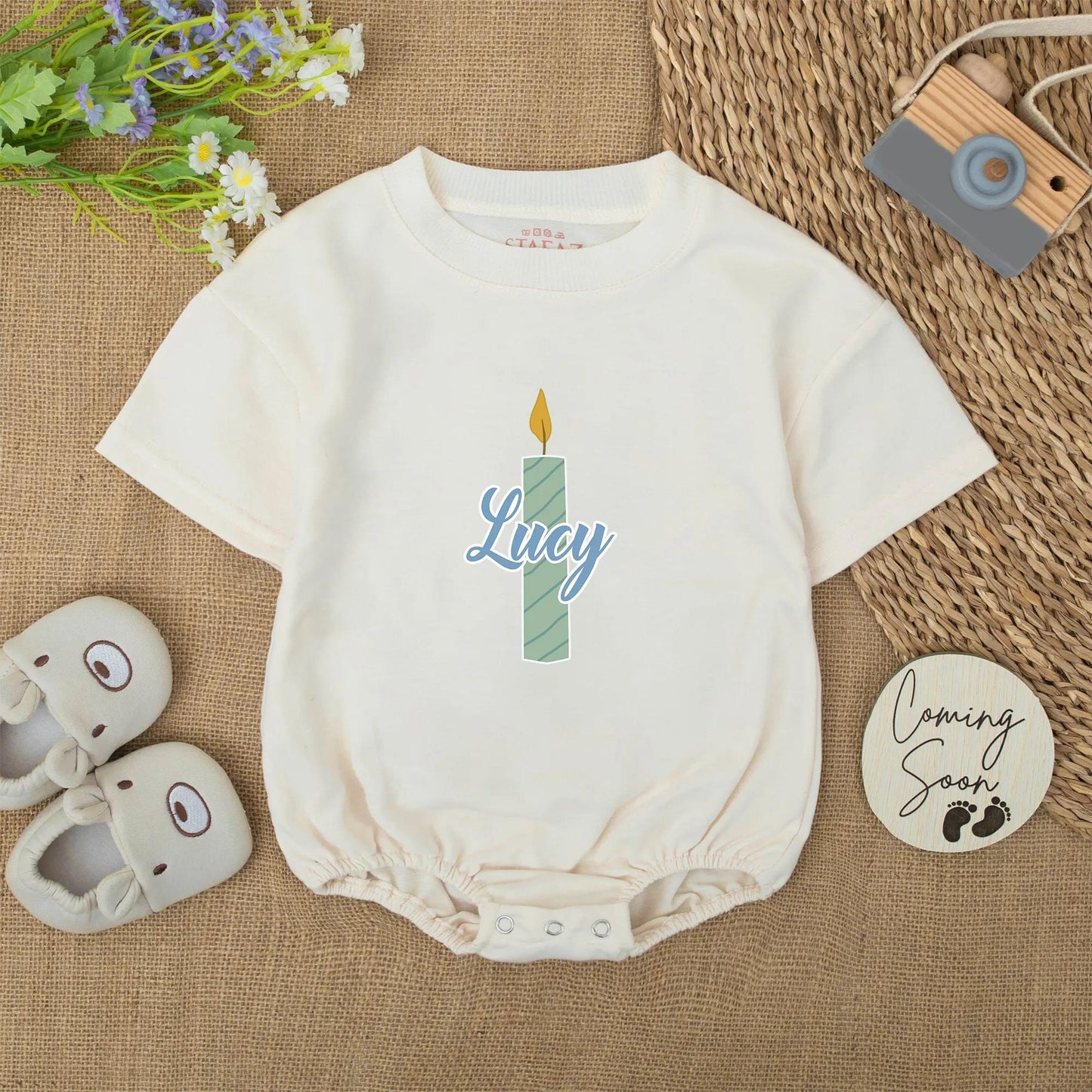 Birthday Candle Blue Birthday Romper with Lucy Name for Baby Girl or Boy First Birthday Outfit Soft Cotton