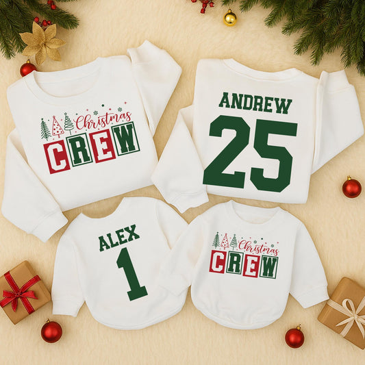 Personalized Family Christmas Crew Sweatshirts Matching Name & Number Collegiate Dark Green Design with Christmas Trees Snowflakes Stars Baby Romper Outfit