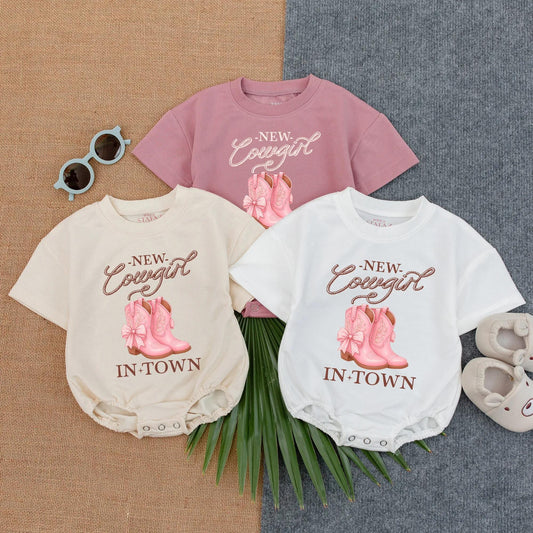 New Cowgirl In Town Pink Polka Dot Boots Bubble Romper Cute Western Baby Shower Outfit for Girls Coming Home
