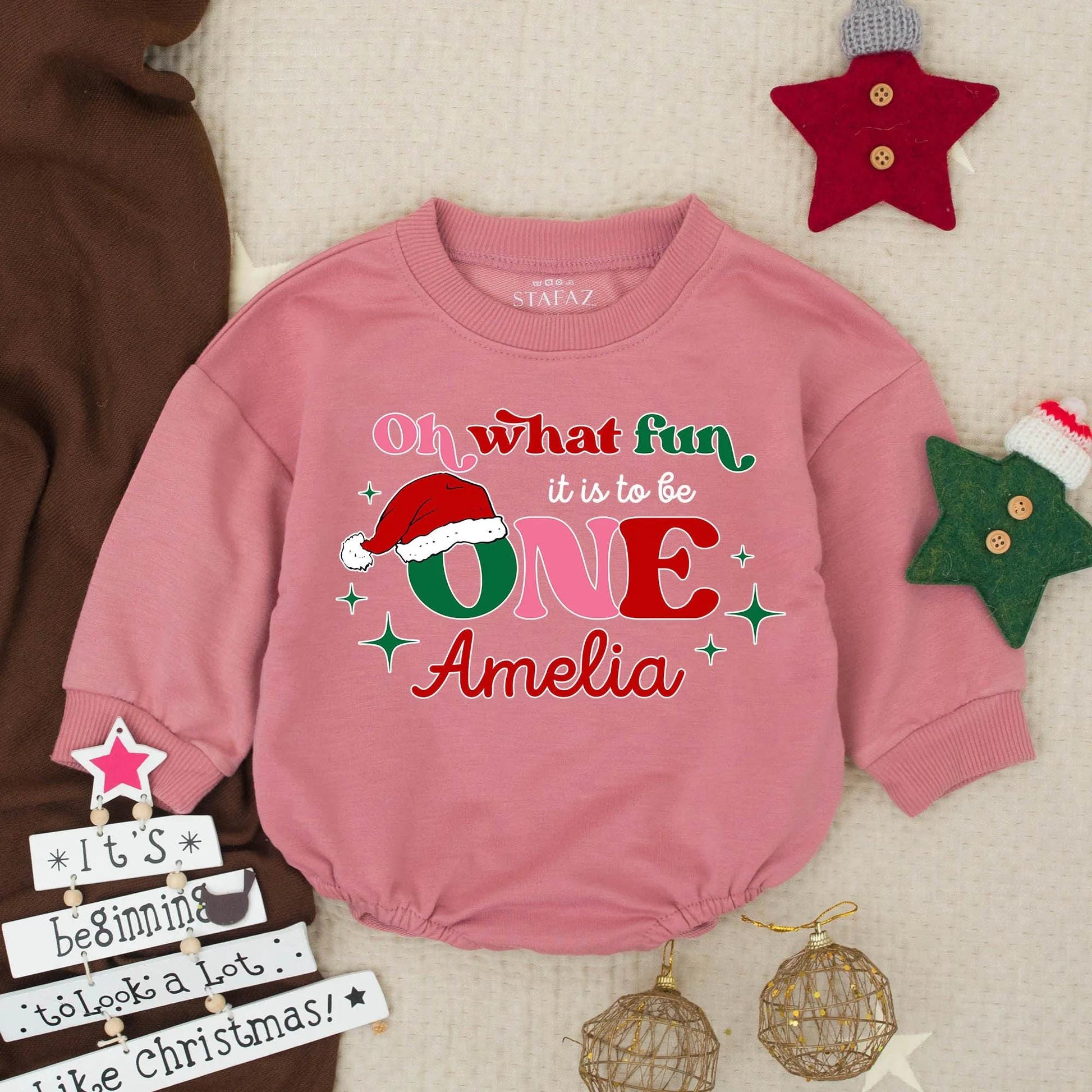 Baby's "Oh What Fun It Is To Be ONE" Bubble Romper Personalized Santa Hat Christmas Birthday Outfit