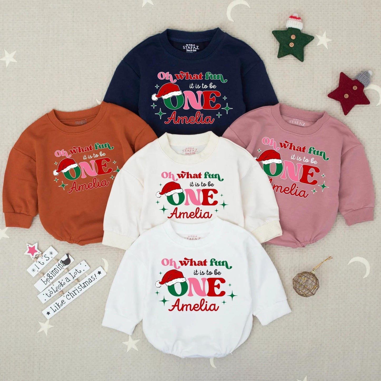 Baby's "Oh What Fun It Is To Be ONE" Bubble Romper Personalized Santa Hat Christmas Birthday Outfit