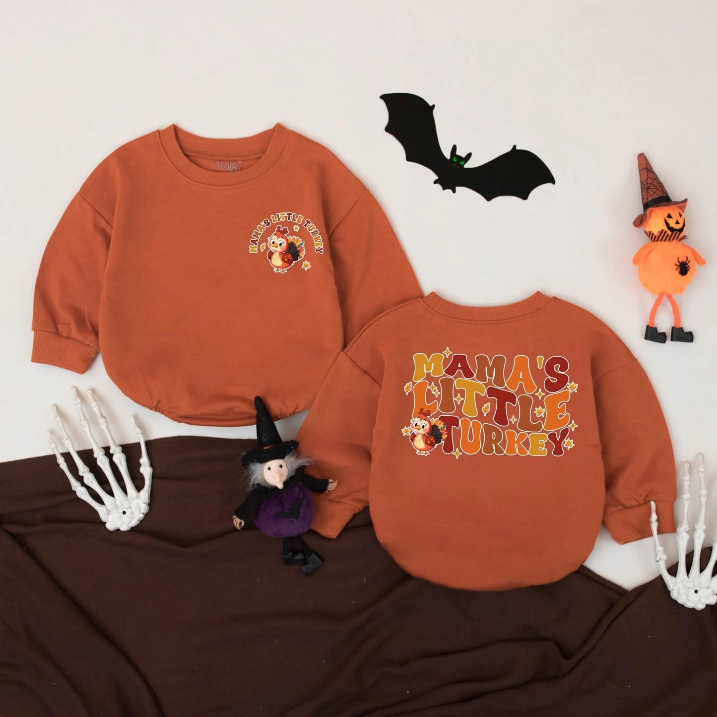 Mama's Little Turkey Baby Romper Retro Fall Bodysuit Cute Autumn Turkey Graphic First Thanksgiving Outfit Vintage Playful Baby Gift
