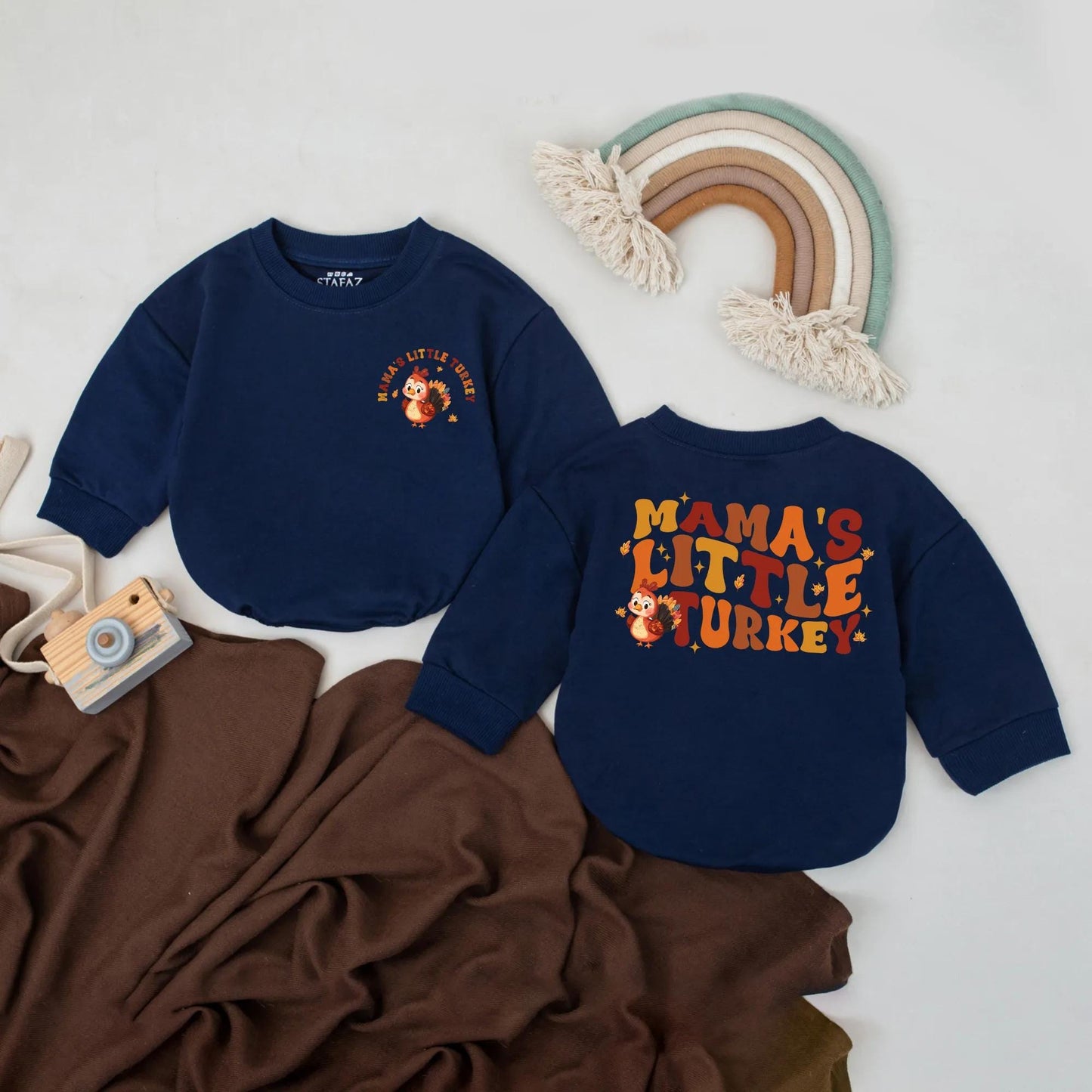 Mama's Little Turkey Baby Romper Retro Fall Bodysuit Cute Autumn Turkey Graphic First Thanksgiving Outfit Vintage Playful Baby Gift