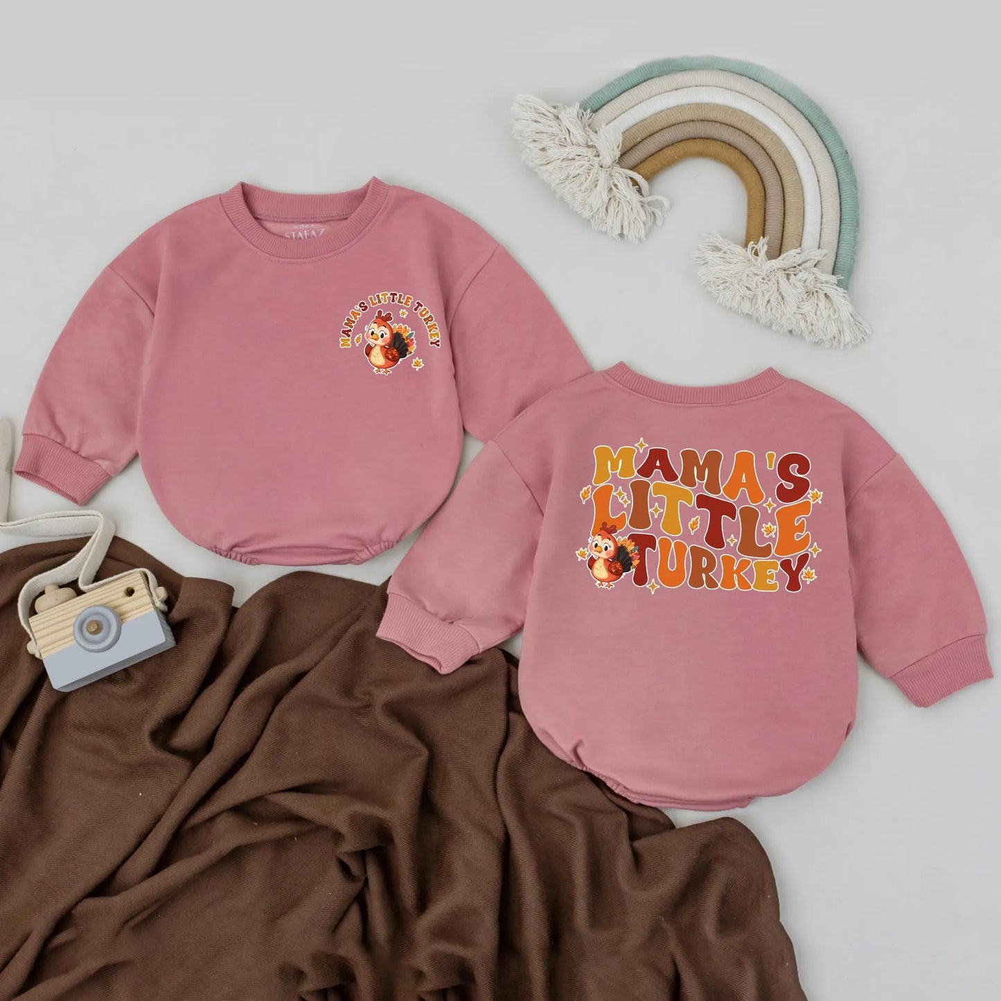 Mama's Little Turkey Baby Romper Retro Fall Bodysuit Cute Autumn Turkey Graphic First Thanksgiving Outfit Vintage Playful Baby Gift