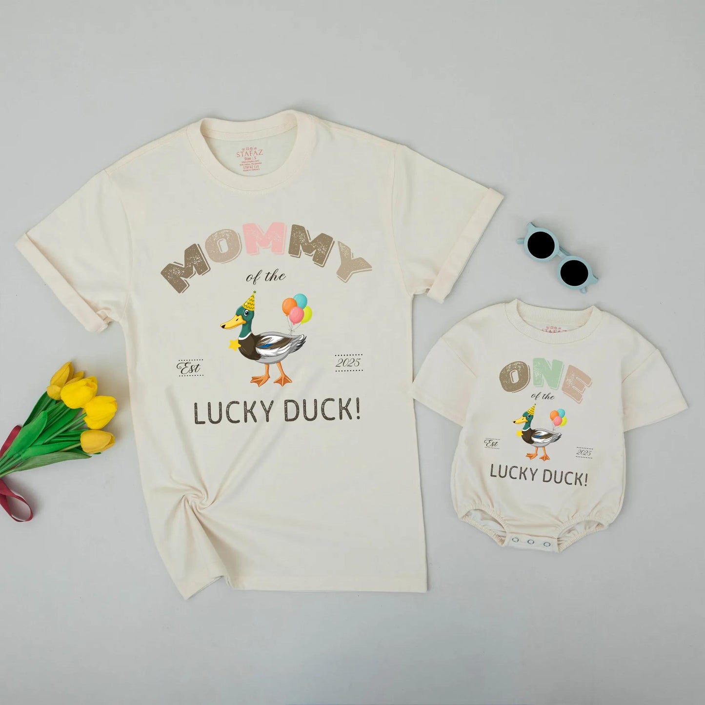 Lucky Duck Family Matching 1st Birthday Shirts: "One of the" Cute Cartoon Duck, Pink & Green Balloons, Fun Family Outfit, First Birthday, Est. 2025