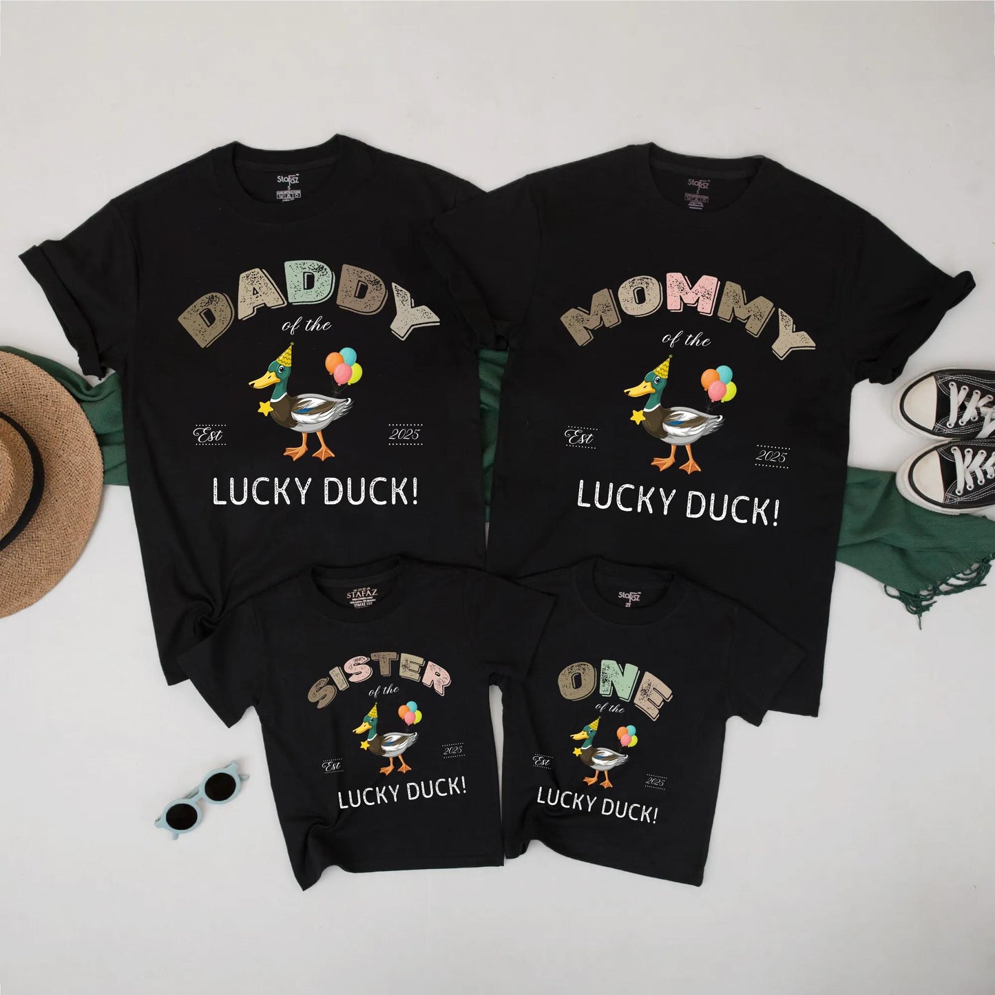 Lucky Duck Family Matching 1st Birthday Shirts: "One of the" Cute Cartoon Duck, Pink & Green Balloons, Fun Family Outfit, First Birthday, Est. 2025