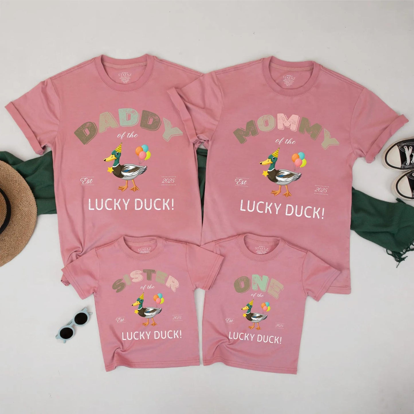 Lucky Duck Family Matching 1st Birthday Shirts: "One of the" Cute Cartoon Duck, Pink & Green Balloons, Fun Family Outfit, First Birthday, Est. 2025