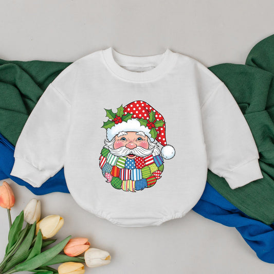 Retro Patchwork Santa Romper, My First Christmas Outfit, Vintage Xmas Baby Bodysuit, Colorful Holiday Romper, Polka Dot Santa Hat, Baby Shower Gift (138)