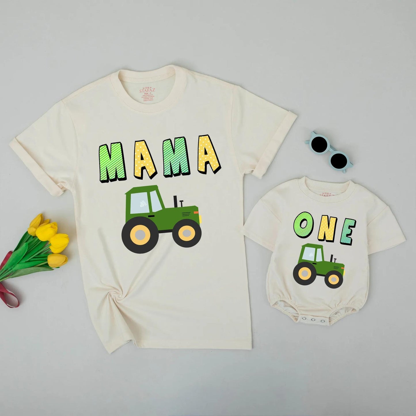 Family Truck Birthday Matching Shirts Dada Mama Brother One Outfit Green Tractor Cake Smash First Birthday Clothes