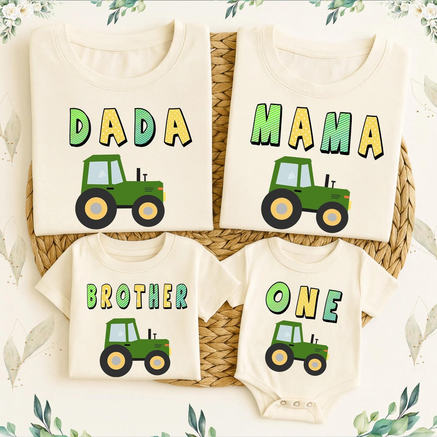 Family Truck Birthday Matching Shirts Dada Mama Brother One Outfit Green Tractor Cake Smash First Birthday Clothes