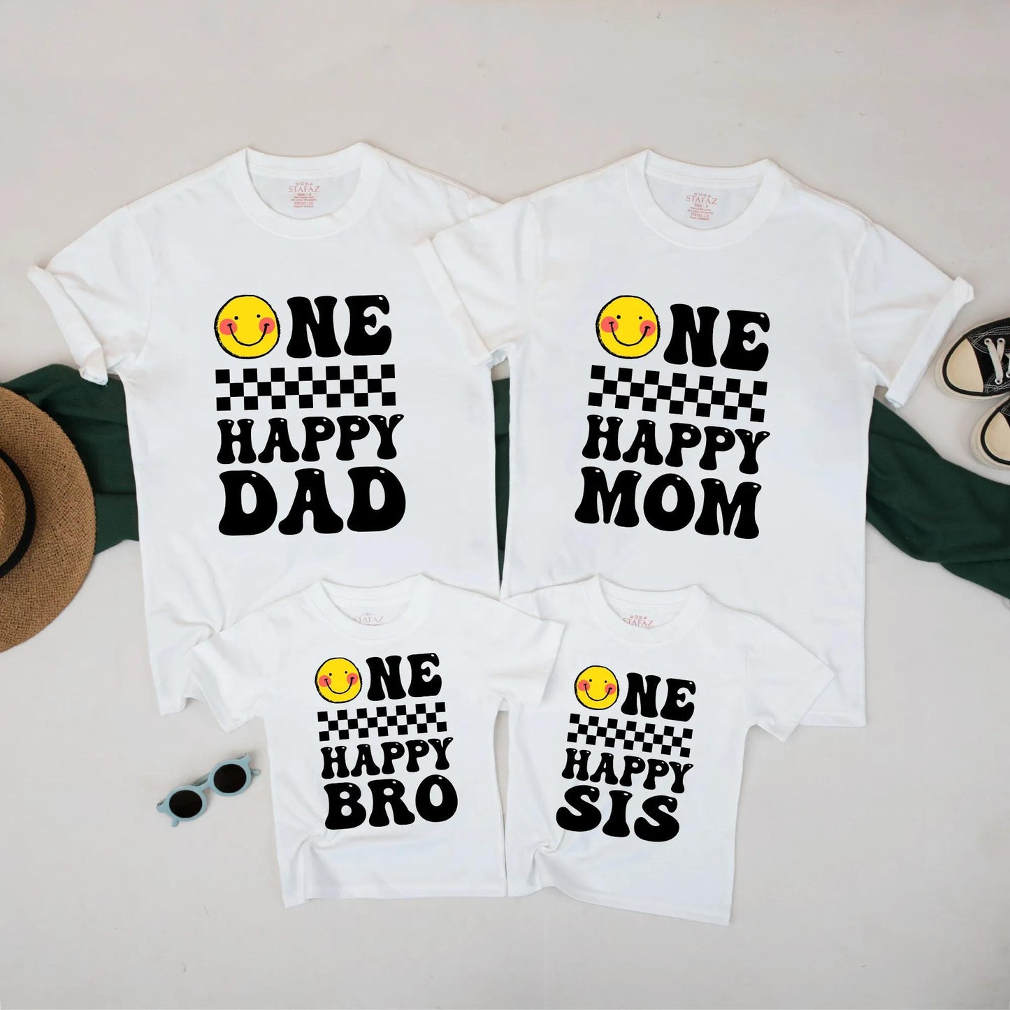 One Happy Birthday Matching Family Shirts Retro Groovy Smiley Face Romper First Birthday Outfit Boy Girl Birthday Dude Vibes