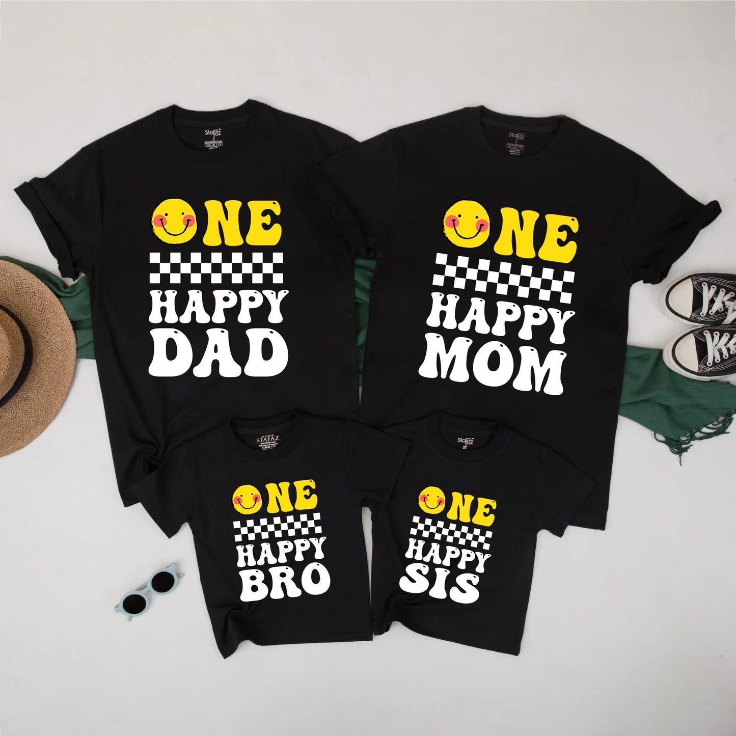 One Happy Birthday Matching Family Shirts Retro Groovy Smiley Face Romper First Birthday Outfit Boy Girl Birthday Dude Vibes