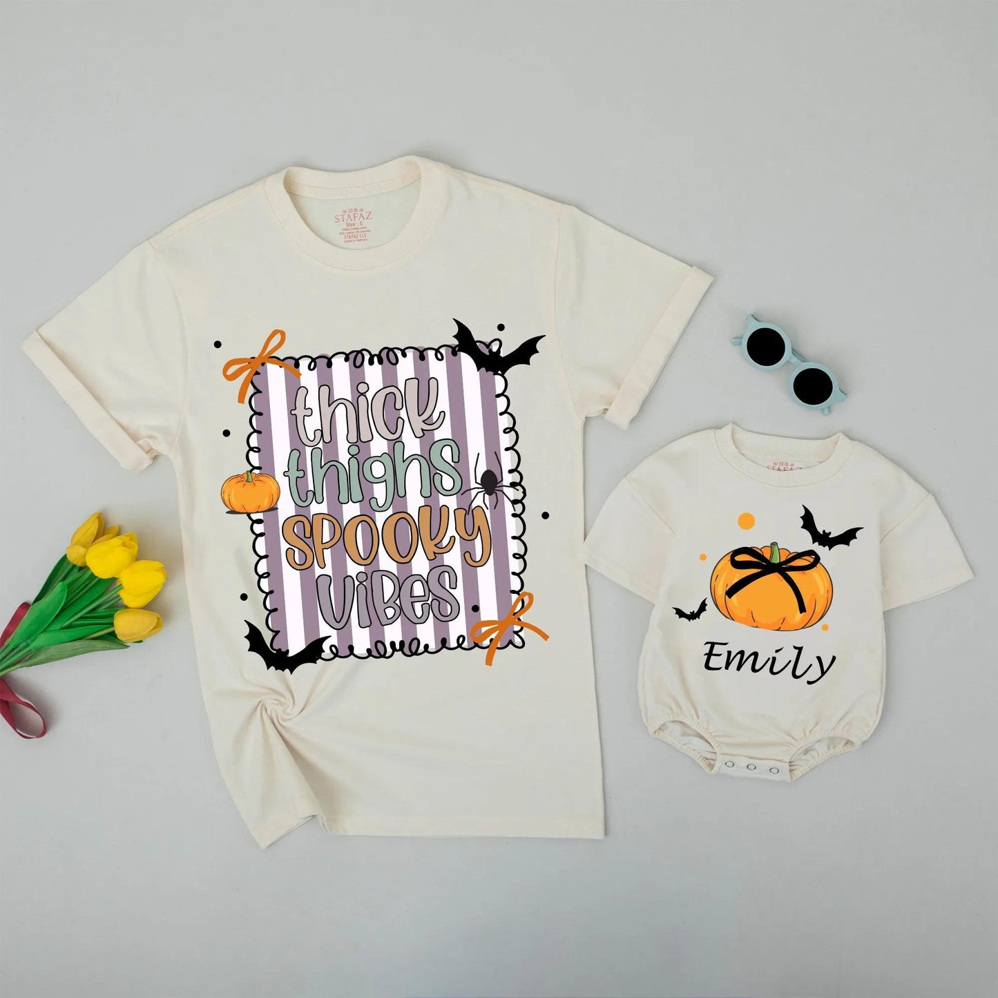 Matching Family Thick Thighs Spooky Vibes Halloween Shirts Custom Baby Girl Romper with Whimsical Pumpkin Bat Spider Cartoon Outfits