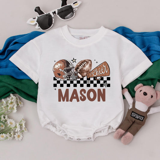 Mason Game Day Football Romper Baby Boy Outfit Personalized Retro Helmet Design Newborn Gift Custom Baby Shower Season Clothes
