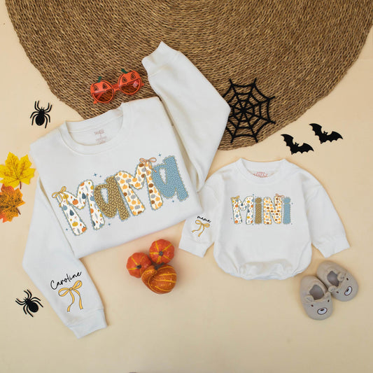 Custom Blue Pumpkin Mama and Mini Matching Fall Sweatshirts with Personalized Script Name and Bow Accents, Thanksgiving Mom and Me Outfits for Toddlers and Babies