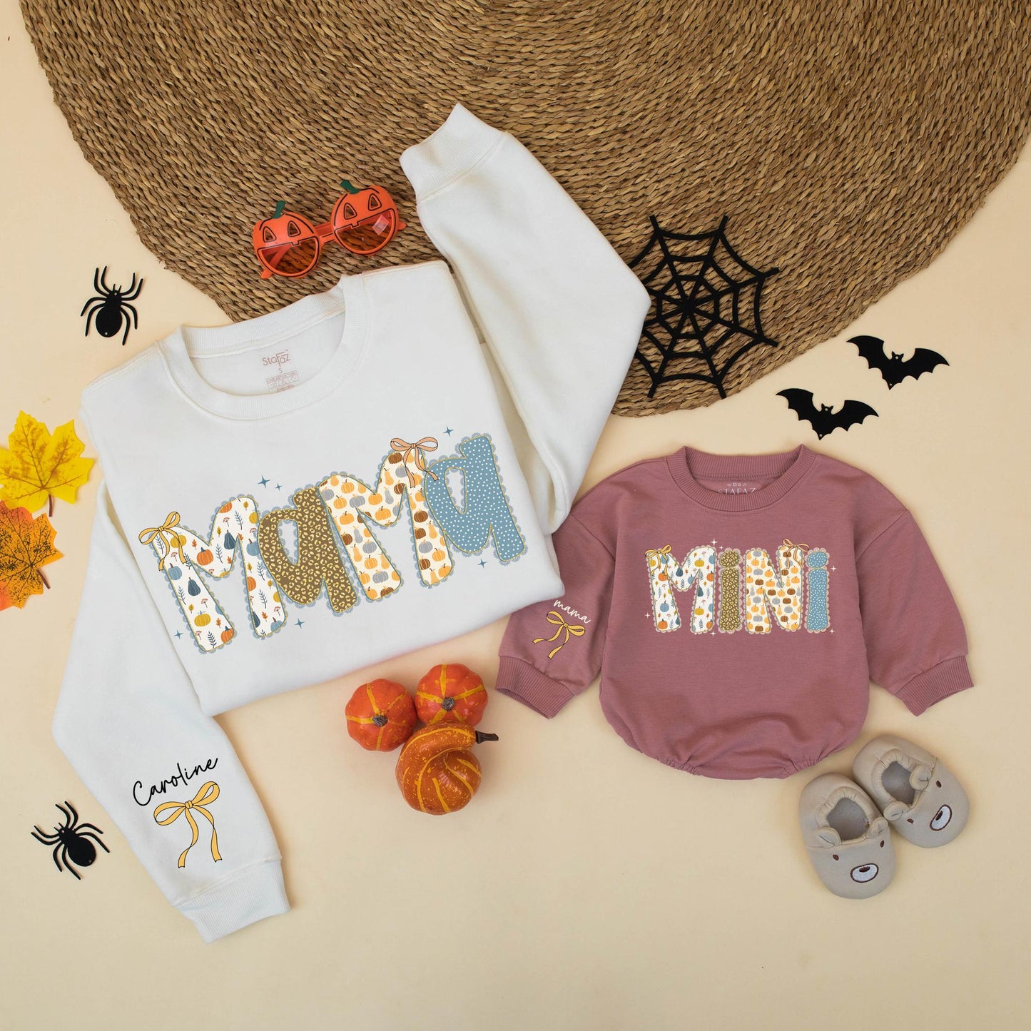 Custom Blue Pumpkin Mama and Mini Matching Fall Sweatshirts with Personalized Script Name and Bow Accents, Thanksgiving Mom and Me Outfits for Toddlers and Babies