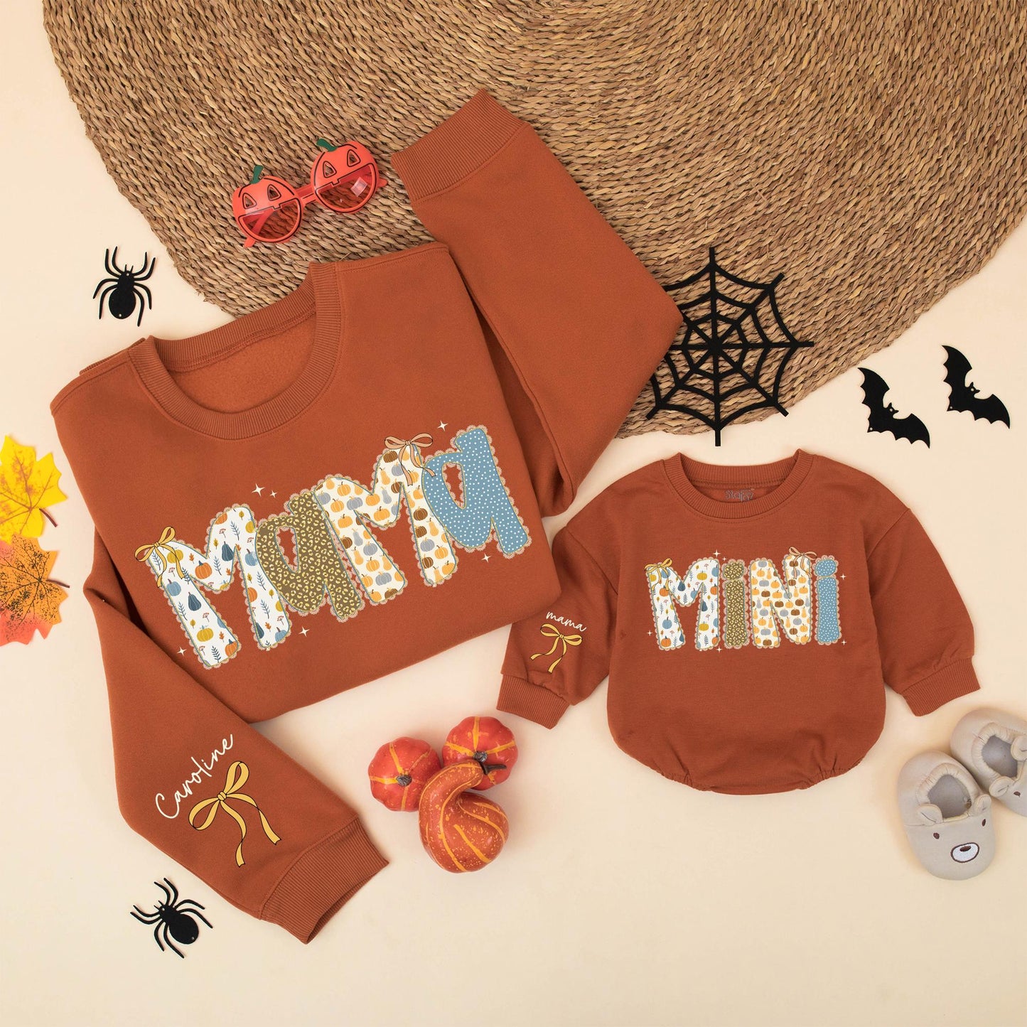 Custom Blue Pumpkin Mama and Mini Matching Fall Sweatshirts with Personalized Script Name and Bow Accents, Thanksgiving Mom and Me Outfits for Toddlers and Babies