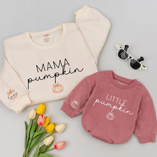 Personalized Little Pumpkin Matching Romper & Sweatshirt, Cute Fall Outfit for Baby & Mama, Thanksgiving Gift Set with Custom Name, Autumn Clothes