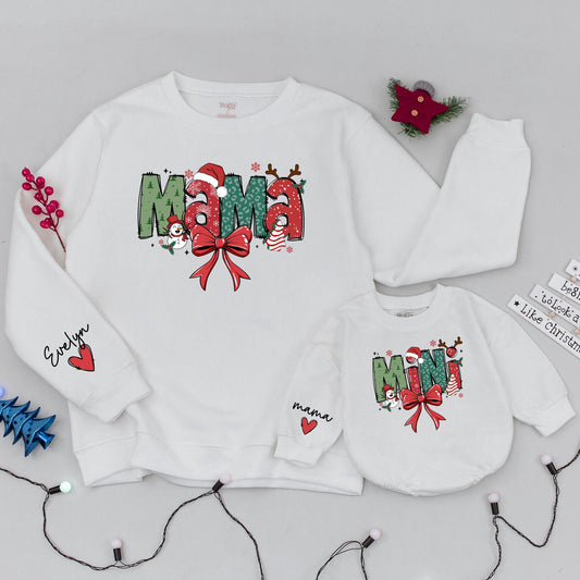 Mama and Mini Claus Matching Christmas Sweatshirt Red Green White Snowflake Tree Antler Ribbon Family Holiday Outfit Mommy and Baby Festive Cozy Gift